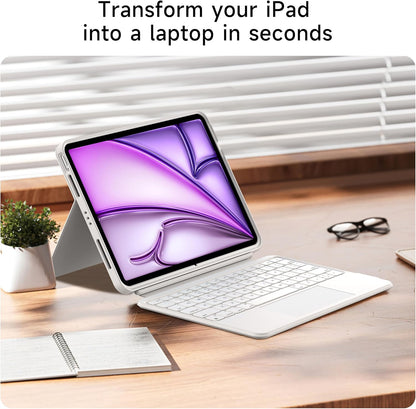 HOU iPad Air 11 Case with Keyboard (M3 2025, M2 2024) Detachable Rotatable Magnetic Full Protection Case, 7-Color Backlight, Touchpad, Elastic Pen Holder for iPad Pro 11 (4th-1st) & Air (5/4th)–White