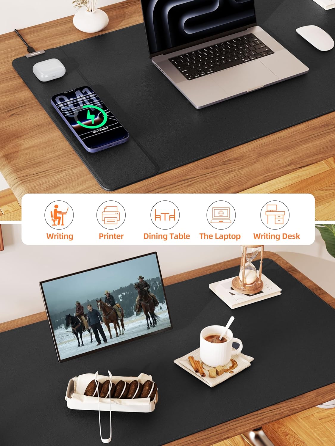 TopMade Mouse Pad with 15W Wireless Charging, XXL Large Leather Desk Mat, Waterproof Gaming Mousepad Home Office Desk Pad Protector, Computer Keyboard Pad, Mouse Mat for for MacBook, PC, Laptop, Black