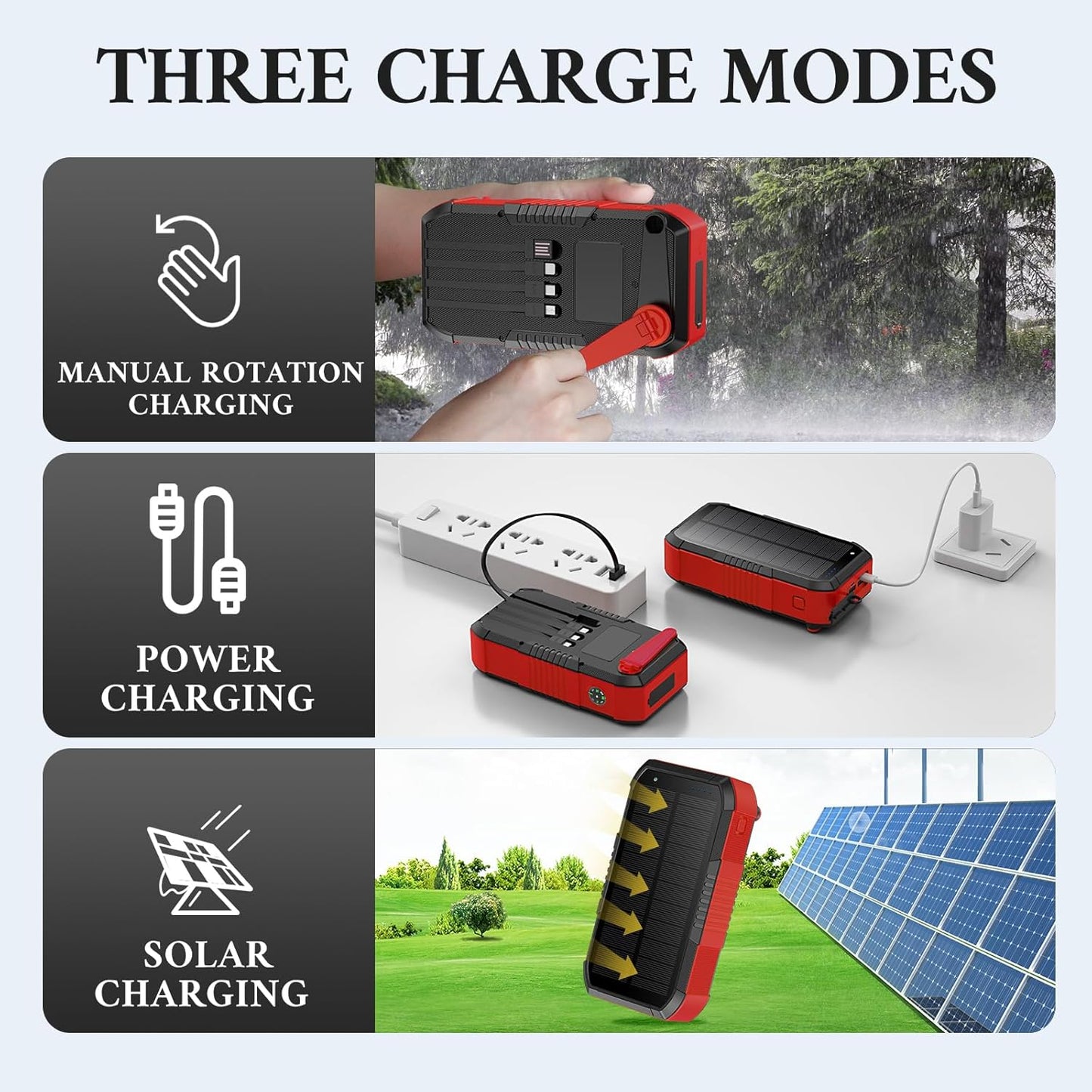 Solar Power Bank 66800mAh Built in Hand Crank and 4 Cables 22.5W Fast Charge,Camping Essentials/SOS/Strobe/Strong Flashlights,Compass Solar Portable Charger Power Bank (Red)