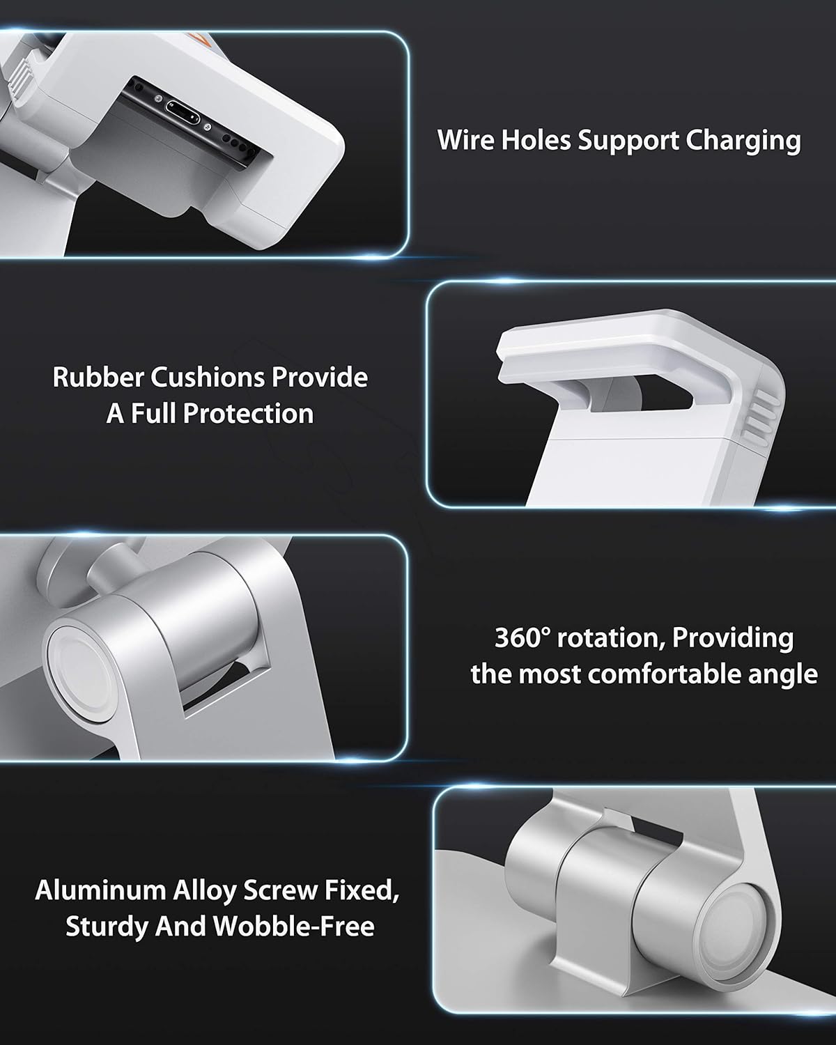 Maxonar Tablet Stand for Desk, 360° Adjustable Aluminum Alloy Swivel iPad Charging Tablet, iPad Pro Air Mini Tablet Holder for Bed Store POS Showcase Kitchen Office Drawing Desktop (6-13''), Silver