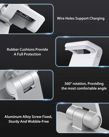 Maxonar Tablet Stand for Desk, 360° Adjustable Aluminum Alloy Swivel iPad Charging Tablet, iPad Pro Air Mini Tablet Holder for Bed Store POS Showcase Kitchen Office Drawing Desktop (6-13''), Silver