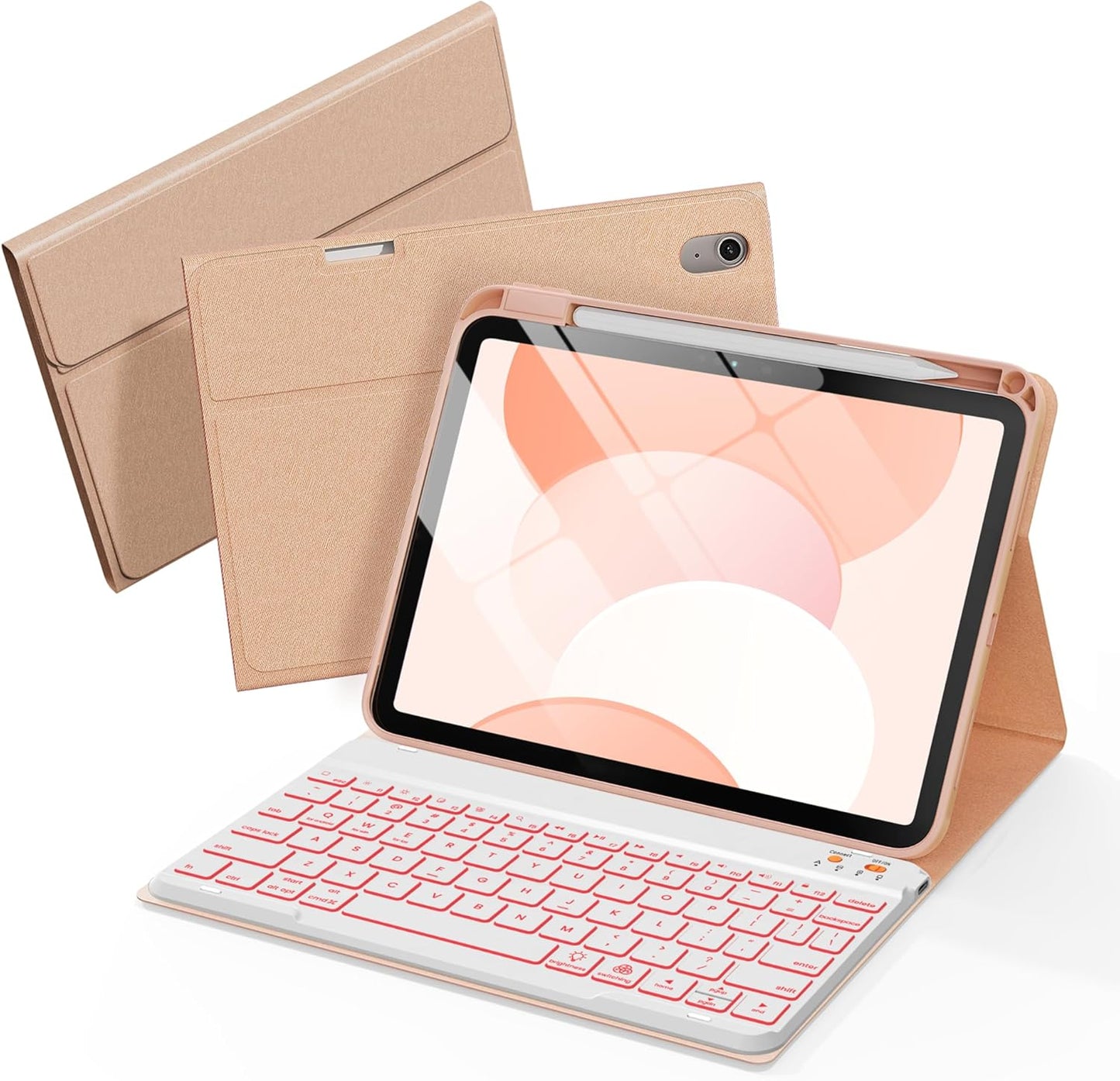 Folio Keyboard Case for iPad 10th Gen 10.9 inch (2022) and iPad 11th (A16, 2025), Magnetic Wireless Detachable Keyboard, 7-Color Backlight, Thin & Light, Pencil Holder (Pink)
