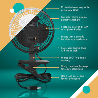 JOEY'Z 6 INCH - 2 Speed - Adjustable Tilt, Whisper Quiet Operation Clip-On-Fan with 5.5 Foot Cord and Steel Safety Grill (2, 6" Fan with 5 FT Cord)