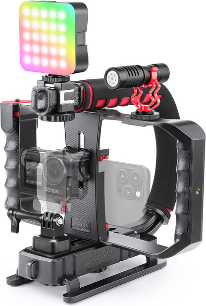 Zeadio Smartphone Camera Stabilizer Kit, Portable Handle Grip Handheld Video Rig with RGB Video Light and Microphone, Fits for All Camcorder, Camera, DSLR and All iPhone and Android Smartphones