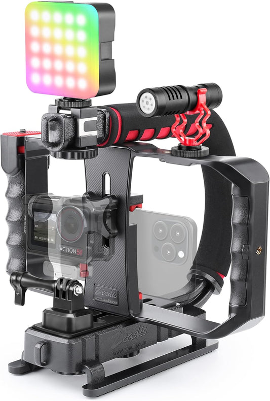 Zeadio Smartphone Camera Stabilizer Kit, Portable Handle Grip Handheld Video Rig with RGB Video Light and Microphone, Fits for All Camcorder, Camera, DSLR and All iPhone and Android Smartphones