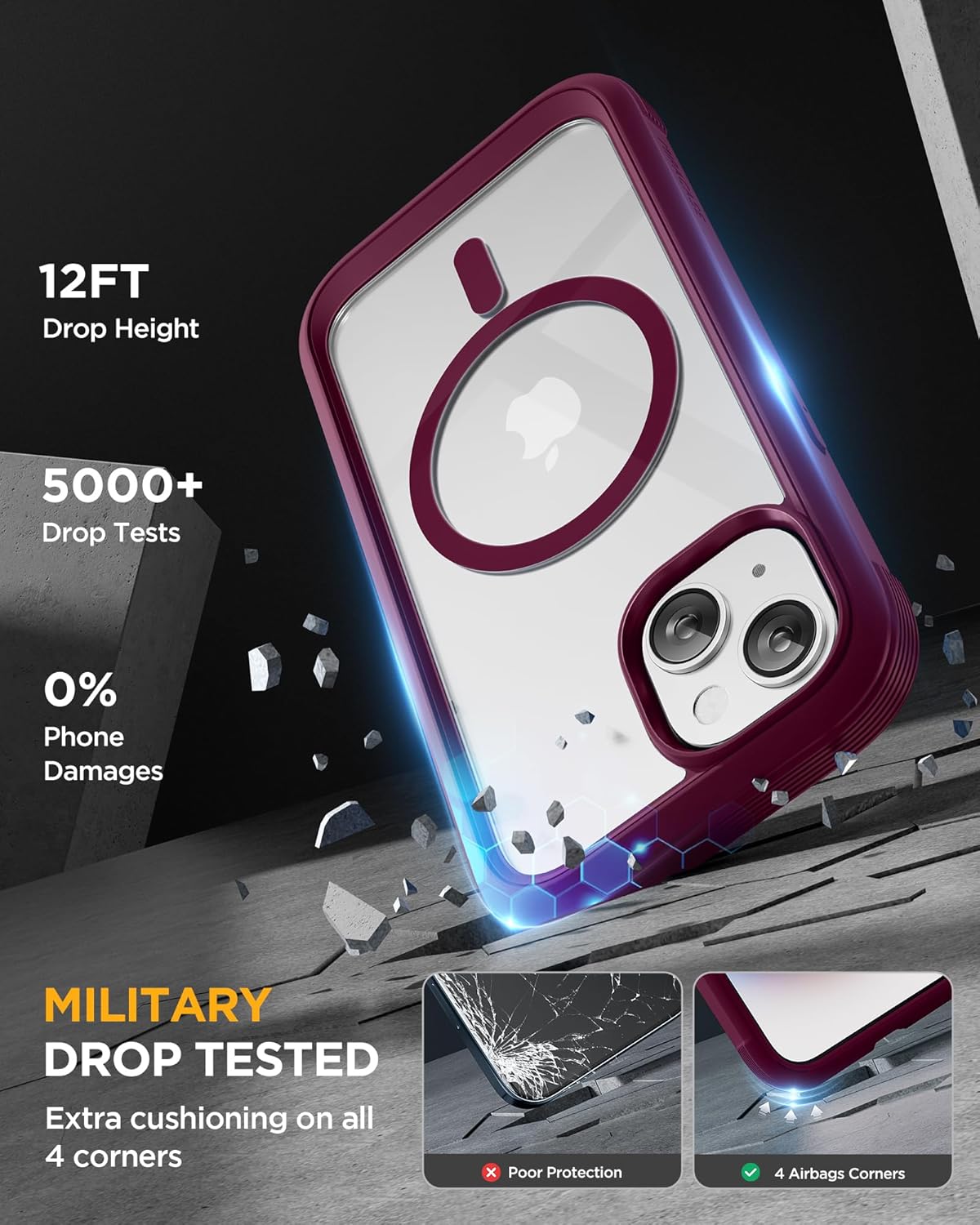 Miracase Glass Series for iPhone 15 Case [Compatible with MagSafe] Full-Body Magnetic Case with Built-in 9H Tempered Glass Anti-Fingerprint Screen Protector + Camera Lens Protector, Wine Red
