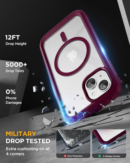 Miracase Glass Series for iPhone 15 Case [Compatible with MagSafe] Full-Body Magnetic Case with Built-in 9H Tempered Glass Anti-Fingerprint Screen Protector + Camera Lens Protector, Wine Red