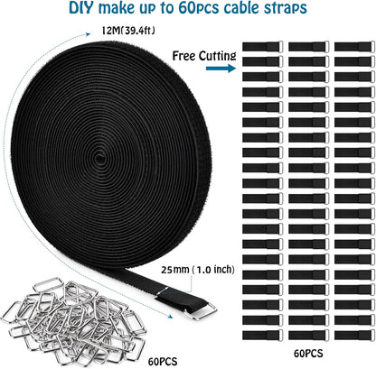 1"x39.4ft Hook and Loop Straps with 60 Buckles Adjustable Cut-to-Length Cable Ties Roll- Reusable Nylon Fastening Tape Cable Straps for Storage or Organization (1in x 39.4ft)