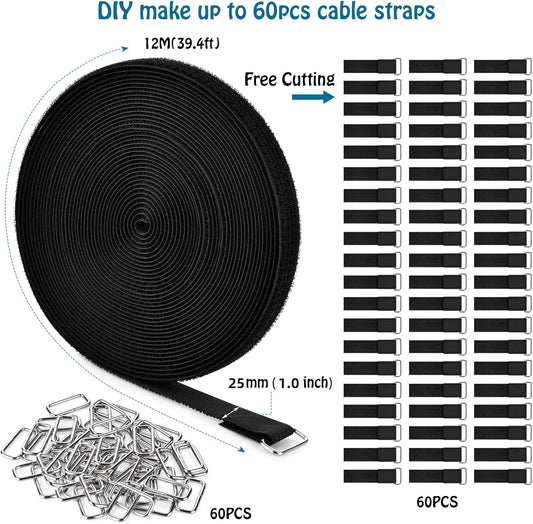 1"x39.4ft Hook and Loop Straps with 60 Buckles Adjustable Cut-to-Length Cable Ties Roll- Reusable Nylon Fastening Tape Cable Straps for Storage or Organization (1in x 39.4ft)