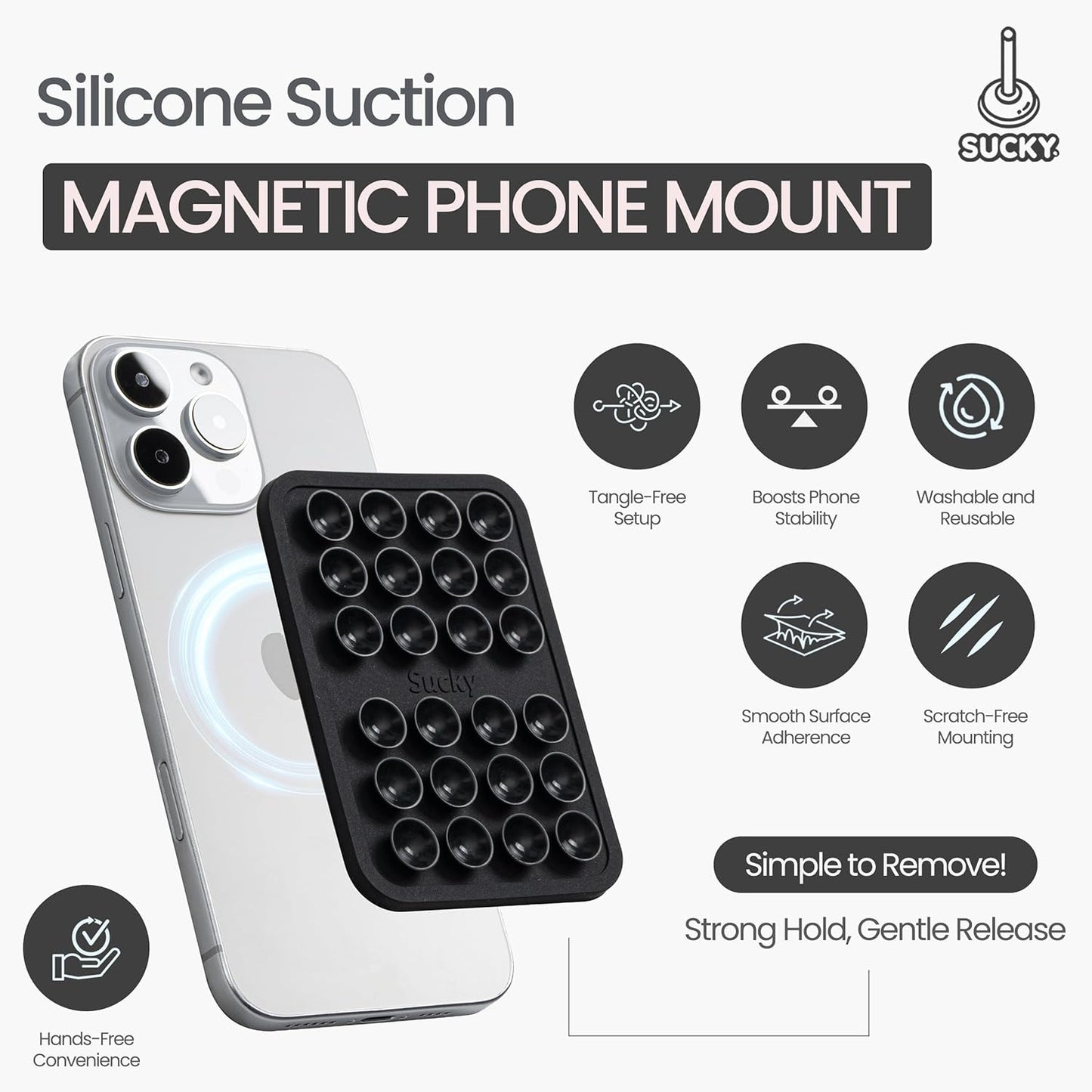 SUCKY Silicone Suction Phone Case Adhesive Mount - Anti-Slip Holder, Hands-Free Fidget Toy, Phone Accessory for iPhone and Android (Deep Black, Magnetic)