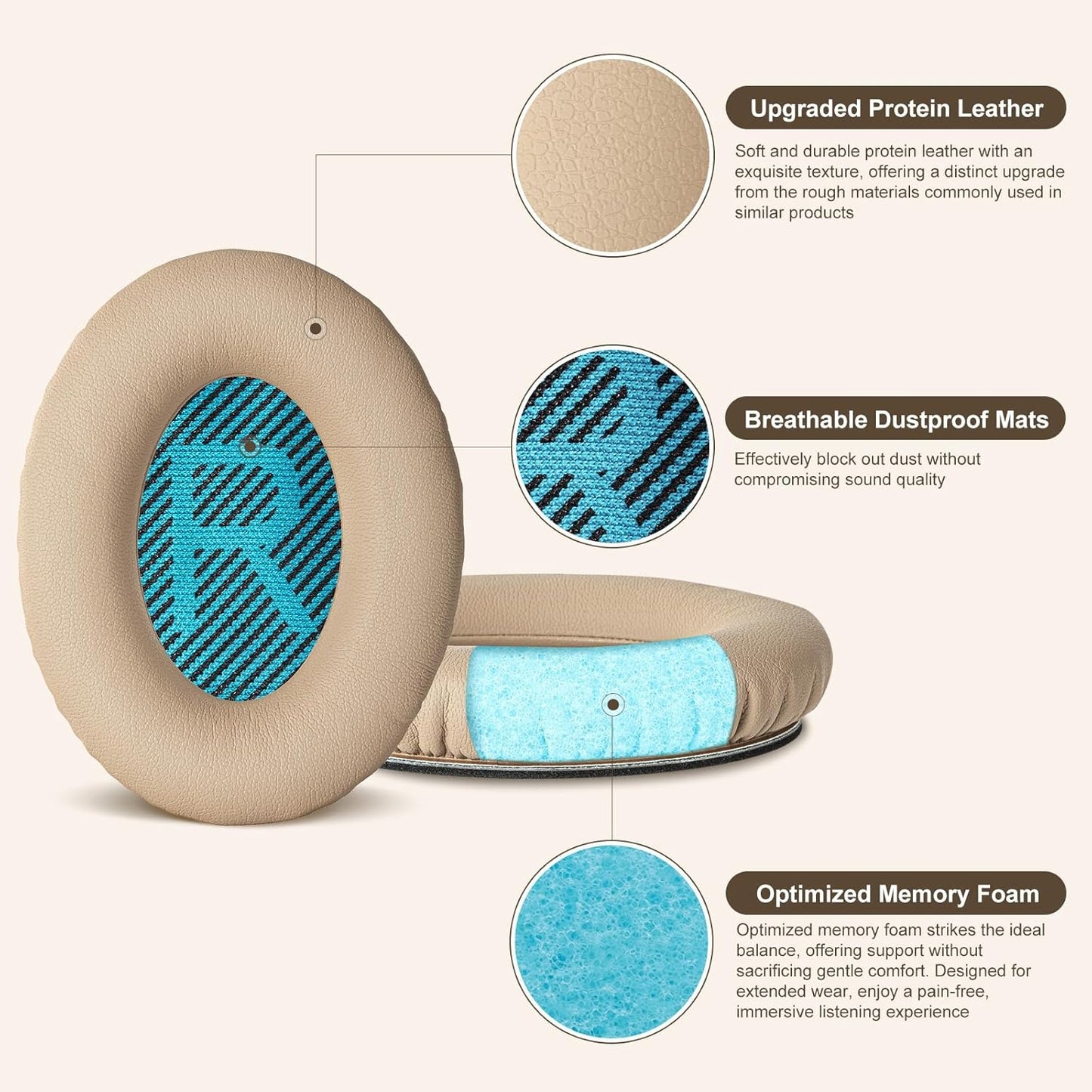 Aurivor Replacement Ear-Pads Cushions for Bose QuietComfort (QC) 35 35ii 25 15 2 and More Headphones, Upgraded Covers with Soft Protein Leather, Reinforced Sealing, Optimized Memory Foam (Brown)