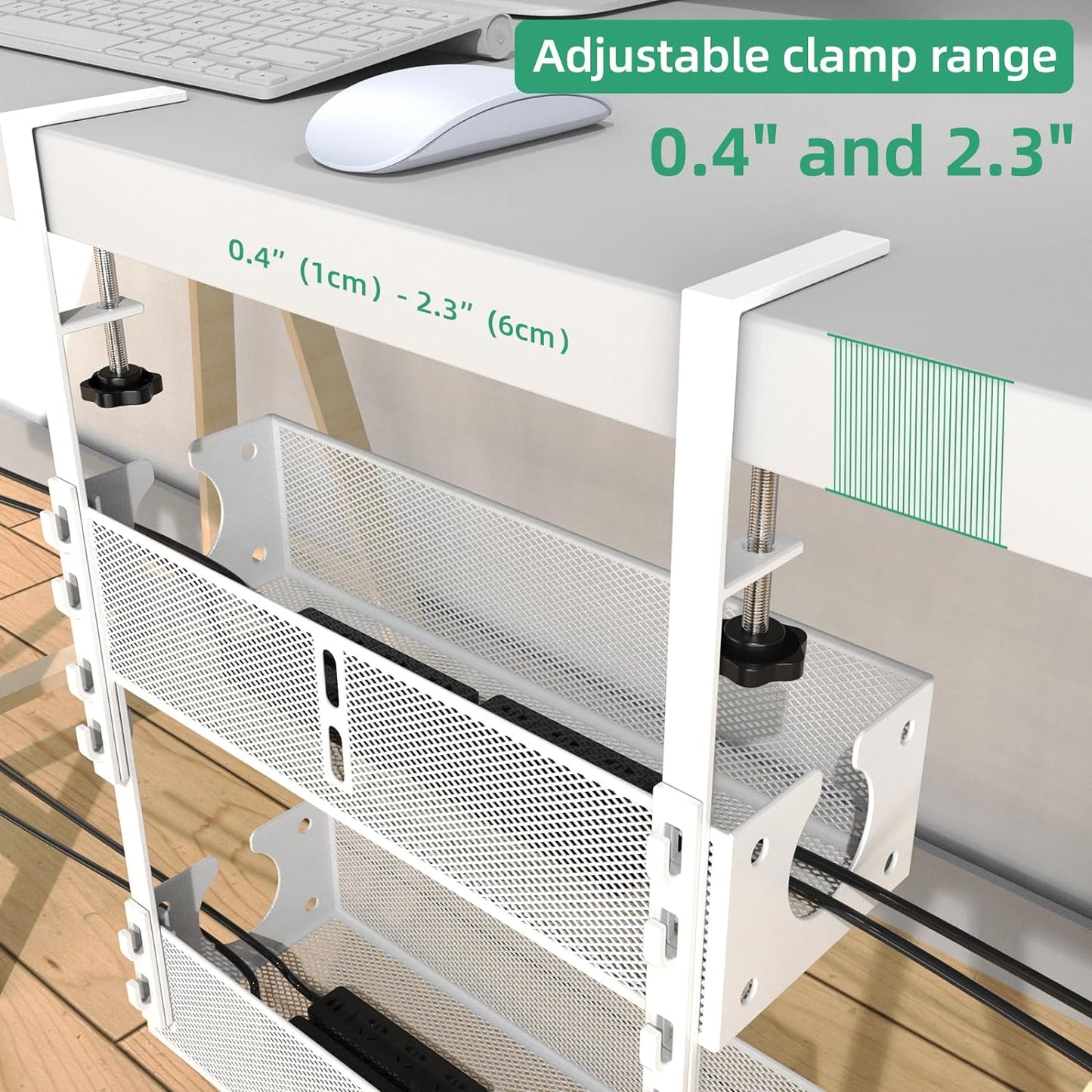 Multi-Model Under Desk Cable Management Tray 2 Packs Metal Under Desk Wire Management Clamp Mount Under Table Cord Management No Damage The Desk (White)