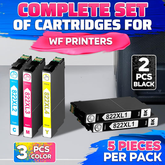 Reluen 5-Pcs 822XL Printer Ink Cartridges – High Capacity 2 Black & 3 Standard Color Combo Pack – Easy to Install and Compatible with WF-3820, WF-3823, WF-4820, WF-4830, WF-4833, WF-4834 Printers