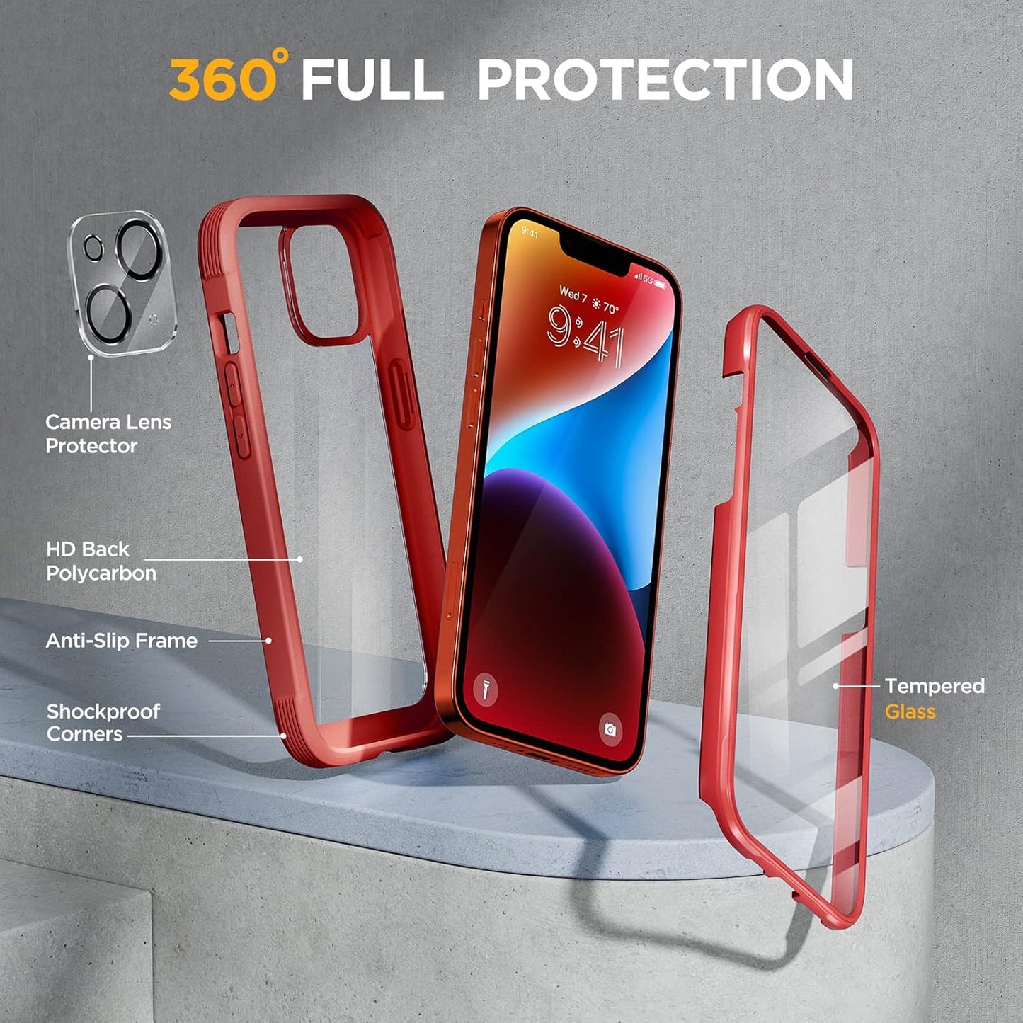 Miracase Glass Series Designed for iPhone 14 Plus Case 6.7 inch, 2023 Upgrade Full-Body Clear Bumper Case with Built-in 9H Tempered Glass Screen Protector and Camera Lens Protector,Red