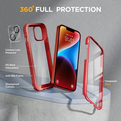Miracase Glass Series Designed for iPhone 14 Plus Case 6.7 inch, 2023 Upgrade Full-Body Clear Bumper Case with Built-in 9H Tempered Glass Screen Protector and Camera Lens Protector,Red