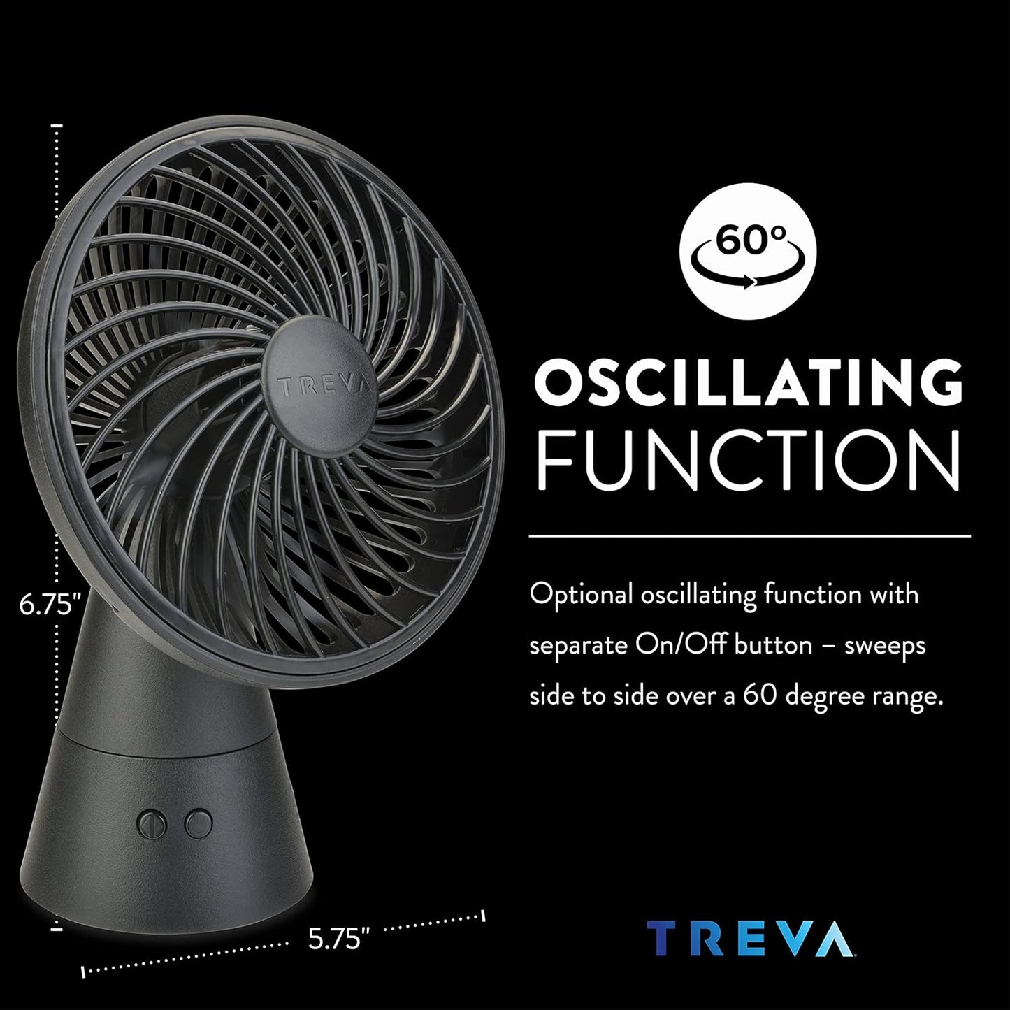 Treva 5 Inch Rechargeable Oscillating Fan with USB Charging Port, 3 Speed Circular Cooling Design, Portable Fan with 60 Degrees of Range for Home or Travel