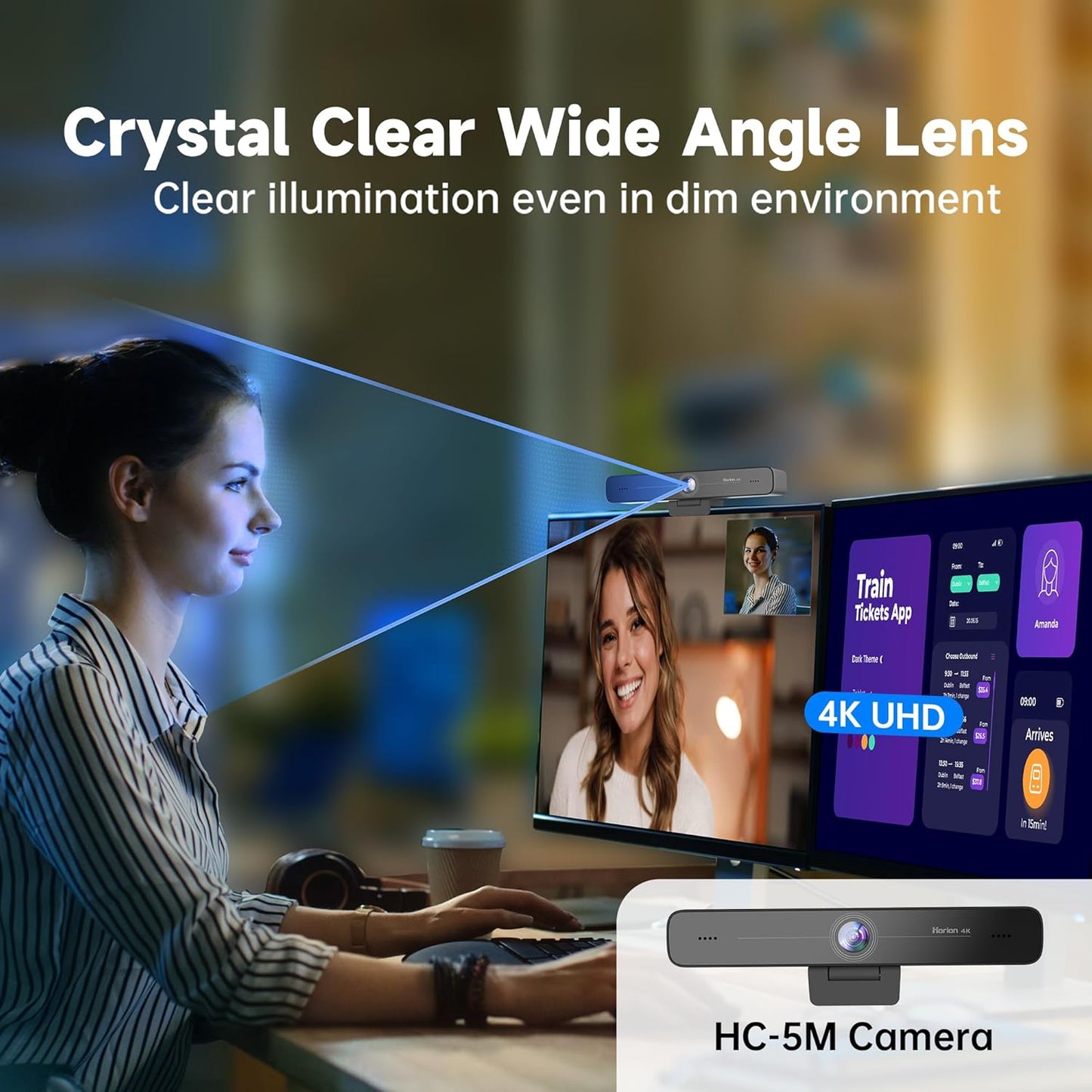 HORION 4K Webcam with Microphone, Auto Framing Camera for PC, 10X EPTZ Zoom, Plug & Play USB 3.0,Video with Dual AI Noise-Canceling Mic, for Video Conference, Streaming, PC/Mac/Linux, HC-5M