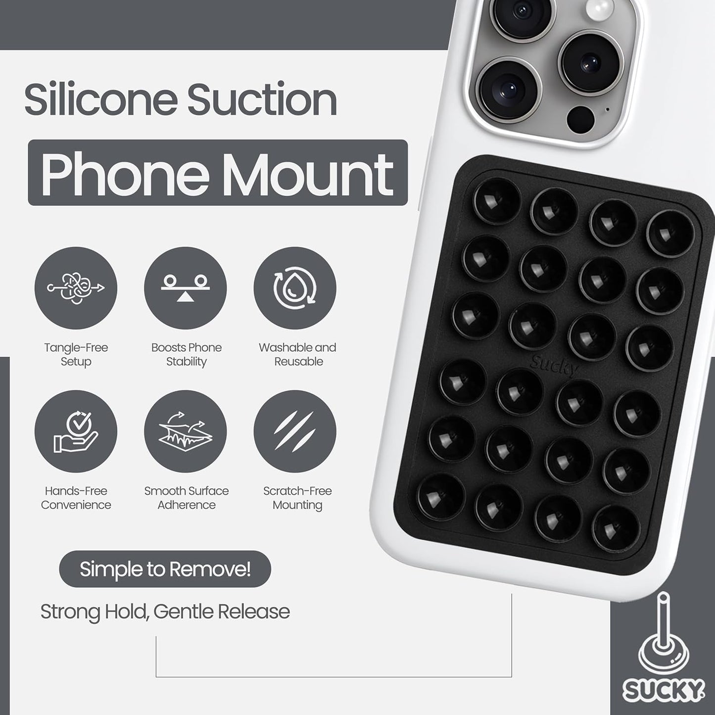 SUCKY Silicone Suction Phone Case Adhesive Mount - Anti-Slip Holder, Hands-Free Fidget Toy, Phone Accessory for iPhone and Android (Deep Black, Single Sided)