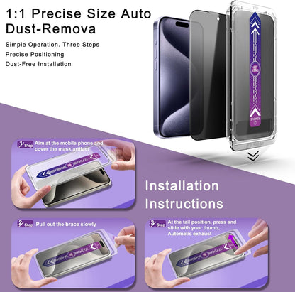 2 Pack Privacy Screen Protector for iPhone 15 Pro, 9H Tempered Glass, Full Coverage, Anti-Fingerprint, Auto Dust-Elimination, No Bubble, Easy Installation