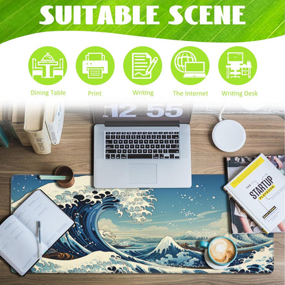 Desk Mat,Blue Japanese Sea Wave Desk Pad,Japanese Sea Wave Large Gaming Mouse Pad for Desk,Extended Big Computer Keyboard Mouse Pad with Non-Slip Base and Stitched Edge,31.5"x11.8"