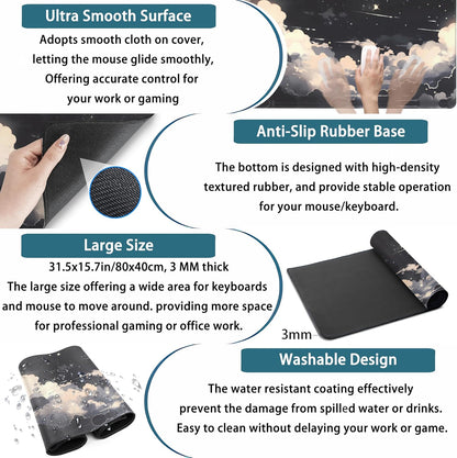 Black Anime Cloud Desk Mat XXL Large Gaming Mouse Pad Computer Laptop Mat, Extended Non-Slip Rubber Base Mousepad Keyboard and Mouse Mat, Night Sky Desk Pad with Stitched Edges, 31.5x15.75 in