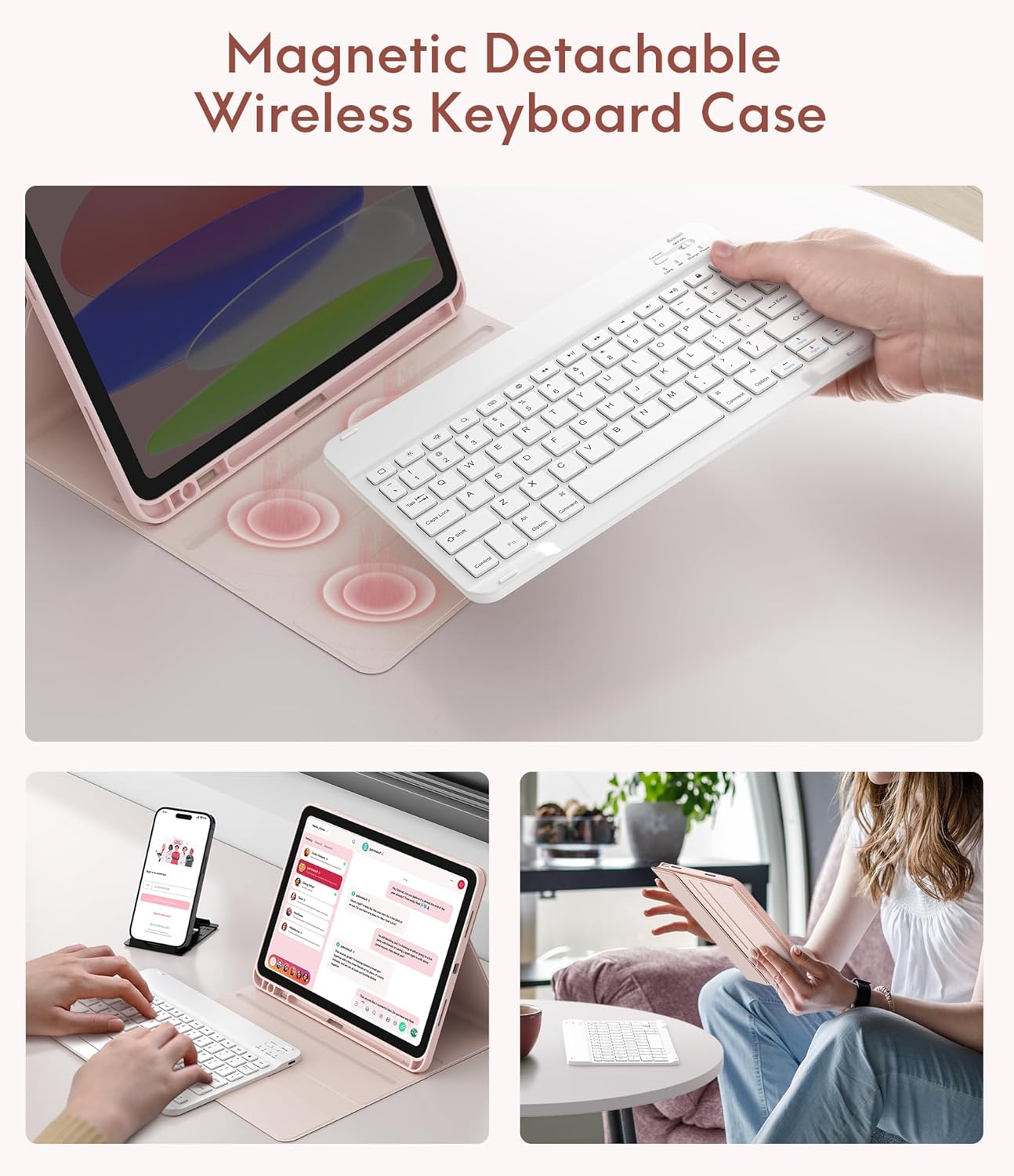 CHESONA Keyboard Case for iPad (A16) 11th/10th Generation (2025/2022), Detachable Wireless Keyboard, Stand Folio Keyboard Cover with Pencil Holder, Thin & Light (Pink)