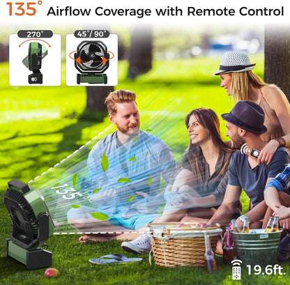 Camping Fan with Light - 20000mAh Rechargeable Battery Fan, 112Hrs Max Run Time, 8 Speeds, Digital Display, Timer, Auto Oscillation, 270° Pivot & Hook for Camping, Power Outage, Hurricane (Army Green)