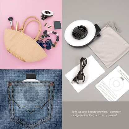 37mm Macro Lens for iPhone and Android with Mini Clip Ring Light, Portable Rechargeable Dimming, for Smart Phone Photography, Camera Video Recording, Black