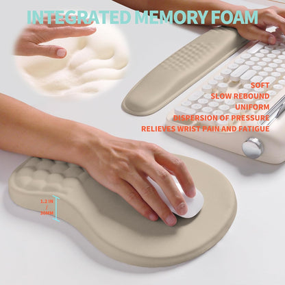 2-in-1 Ergonomic Set, Wave Rise Keyboard Wrist Rest and Massage Bulge Slope Mouse Pad Wrist Support, Cushion Memory Foam Integrated to Relieve Wrist Pain, Apricot