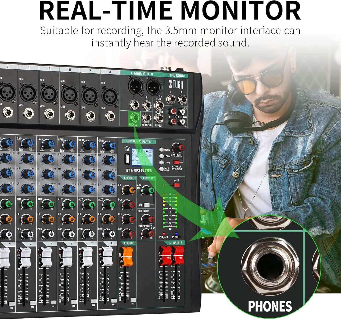 XTUGA 8 Channel Audio Mixer Sound Board Mixing Console, Audio Interface PC USB Bluetooth with 48V Phantom Digital Effect for DJ Live Recording Studio Karaoke(CT80)