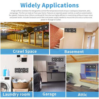 3X 120mm Computer Fan with AC Plug, AC 110V 120V 220V 240V Cabinet Cooling Fan with Speed Controller, Cooling for Windows, Plant Cabinet, Crawl Space, Basement, Laundry Room, Garage, Attic