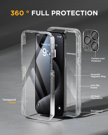 Miracase Glass Series for iPhone 15 Pro Max Case 6.7 Inch, Full-Body Drop Proof Phone Case for iPhone 15 Pro Max with Built-in 9H Tempered Glass Screen Protector + Camera Protector, Clear Glitter