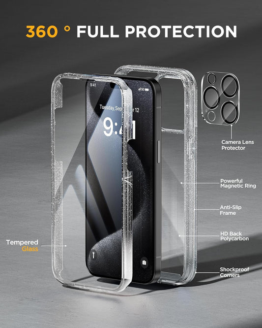 Miracase Glass Series for iPhone 15 Pro Max Case 6.7 Inch, Full-Body Drop Proof Phone Case for iPhone 15 Pro Max with Built-in 9H Tempered Glass Screen Protector + Camera Protector, Clear Glitter