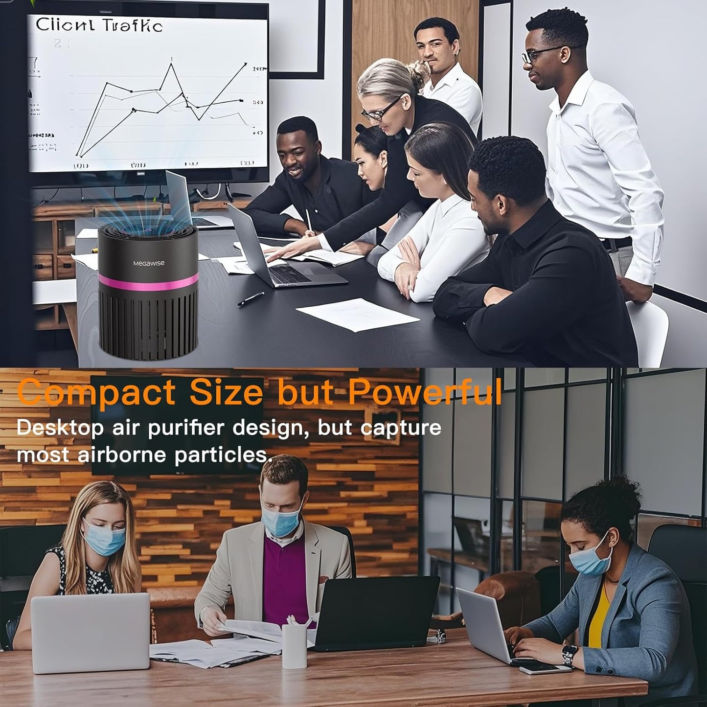 MEGAWISE Office Air Purifier with 3-in-1 HEPA Filter Desktop Air Cleaner for Smoke, Dust, Pollen, Pet Dander, HEPA Air Purifier for Home and Bedroom, 100% Ozone Free (Available for California)