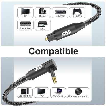 EMK Premium 90° Right-Angle Mini Toslink Cable (5Ft/1.5M) - 3.5mm Optical Digital Audio Cable for Sound Bars, TVs & Home Theater - SPDIF/Toslink Compatible, Black