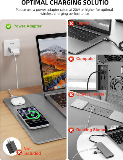 TopMade Mouse Pad with 15W Wireless Charging, XXL Large Leather Desk Mat, Waterproof Gaming Mousepad Home Office Desk Pad Protector, Computer Keyboard Pad, Mouse Mat for for MacBook, PC, Laptop, Gray