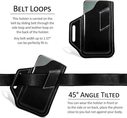 TobbinGear Leather Belt Phone Pouch, Left Handed Leather Cell Phone Holster, Universal Phone Case with Belt Loops, for Men and Women Black Large