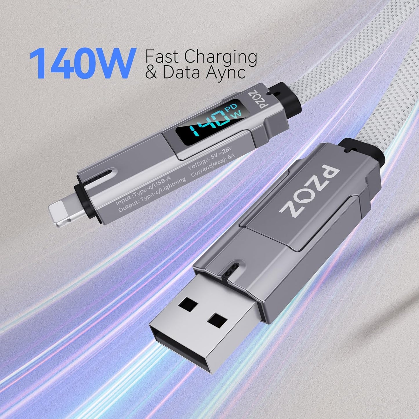 pzoz 4-in-1 USB C Fast Charging Cable with LED Display, Multi USBC Charger Combo Lightning/Type C/USB A Metal Ports for iPhone 16/15/14 Pro Max iPad MacBook AirPods Pro Samsung Google (140W, 5 ft)