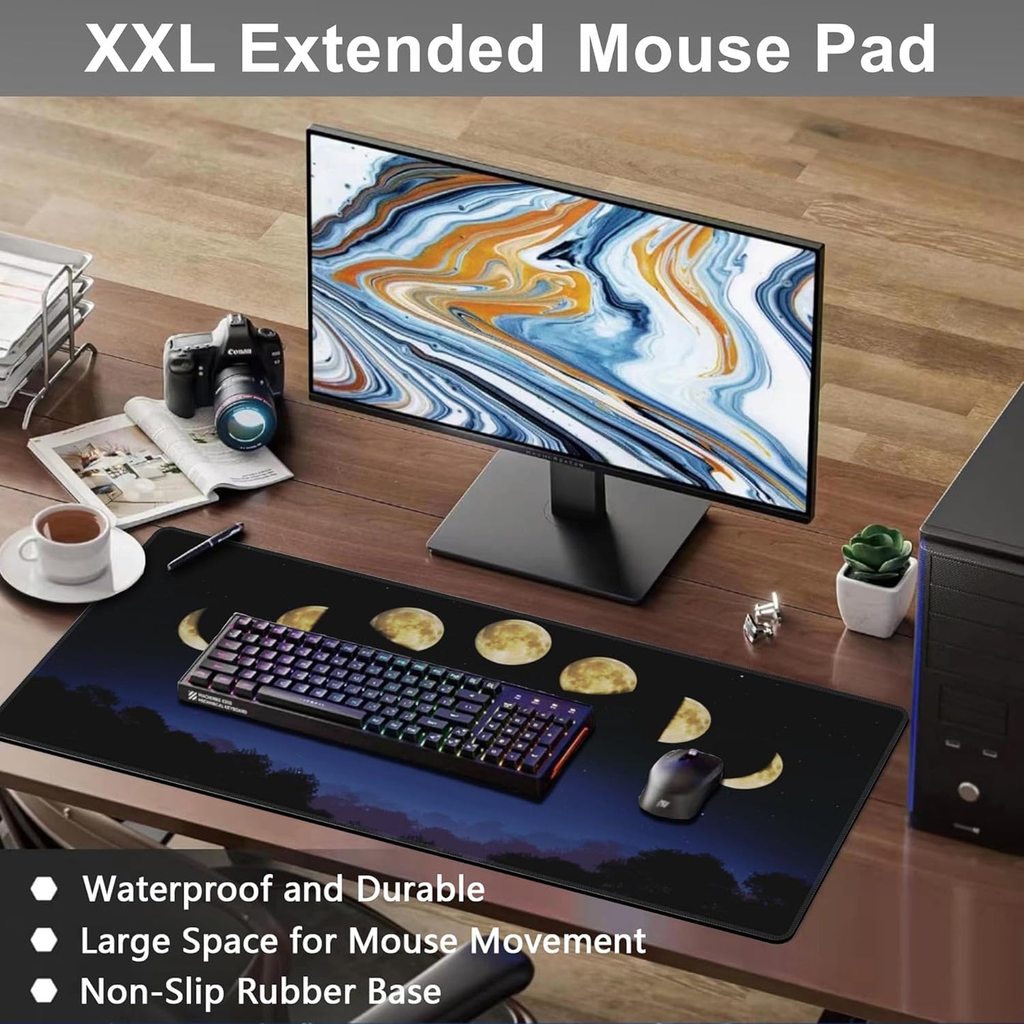 Mouse Pad, Large Moon Phase and Forest Desk Mat, Extended Non-Slip Gaming Keyboard Mousepad Desk Pad, Thick Stitched Edges Waterproof Mouse Mat 31.5"x15.7" (Moon Phase Changes)