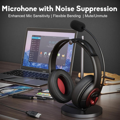 MAIRDI USB Headset with Microphone, Type-C/USB/3.5mm Jack 3-in-1 PC Headset, Computer Headset with Mic Noise Canceling for Teams Call Centers Skype Zoom Home Office Dragon Nuance Dictation