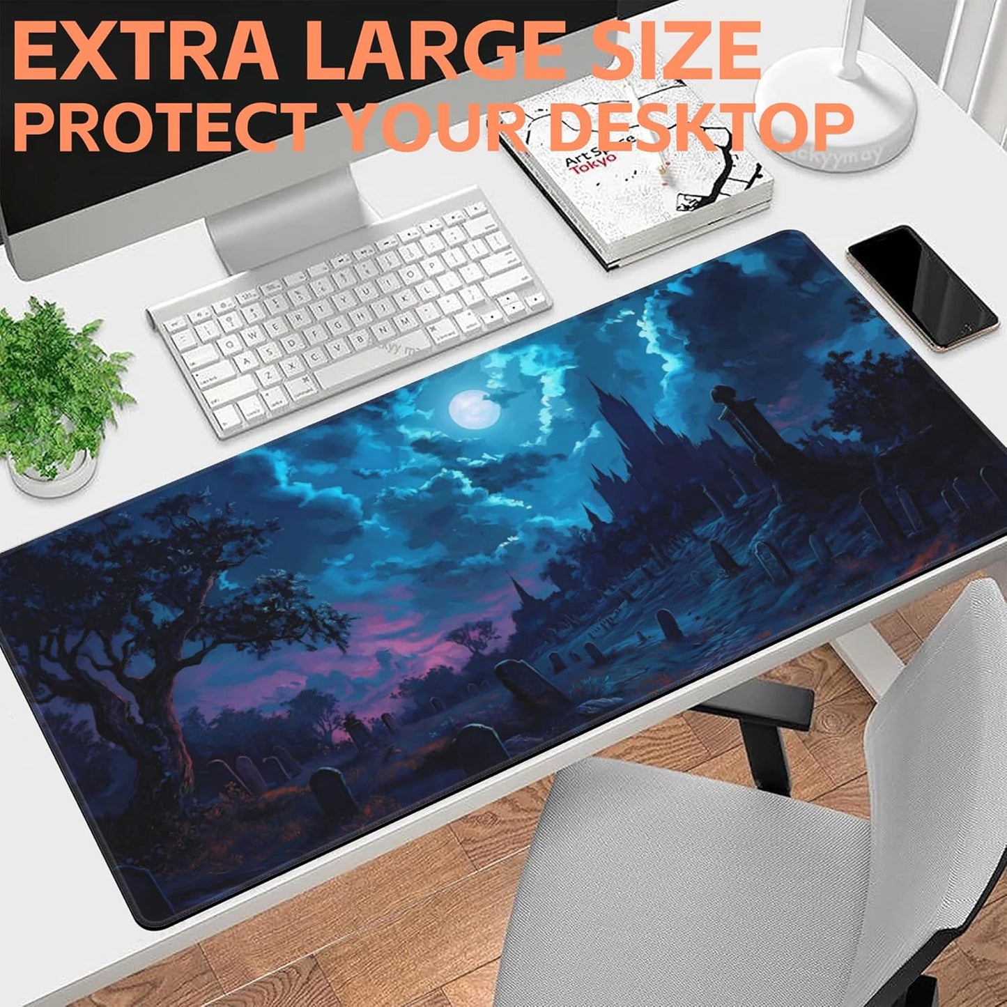 Mouse Pad Large Gothic Graveyard Non-Slip Game Desk Mat with Stitched Edge Laptop Keyboard Desk Pad for Work Home Gaming (35.4 x 15.7 Inches)