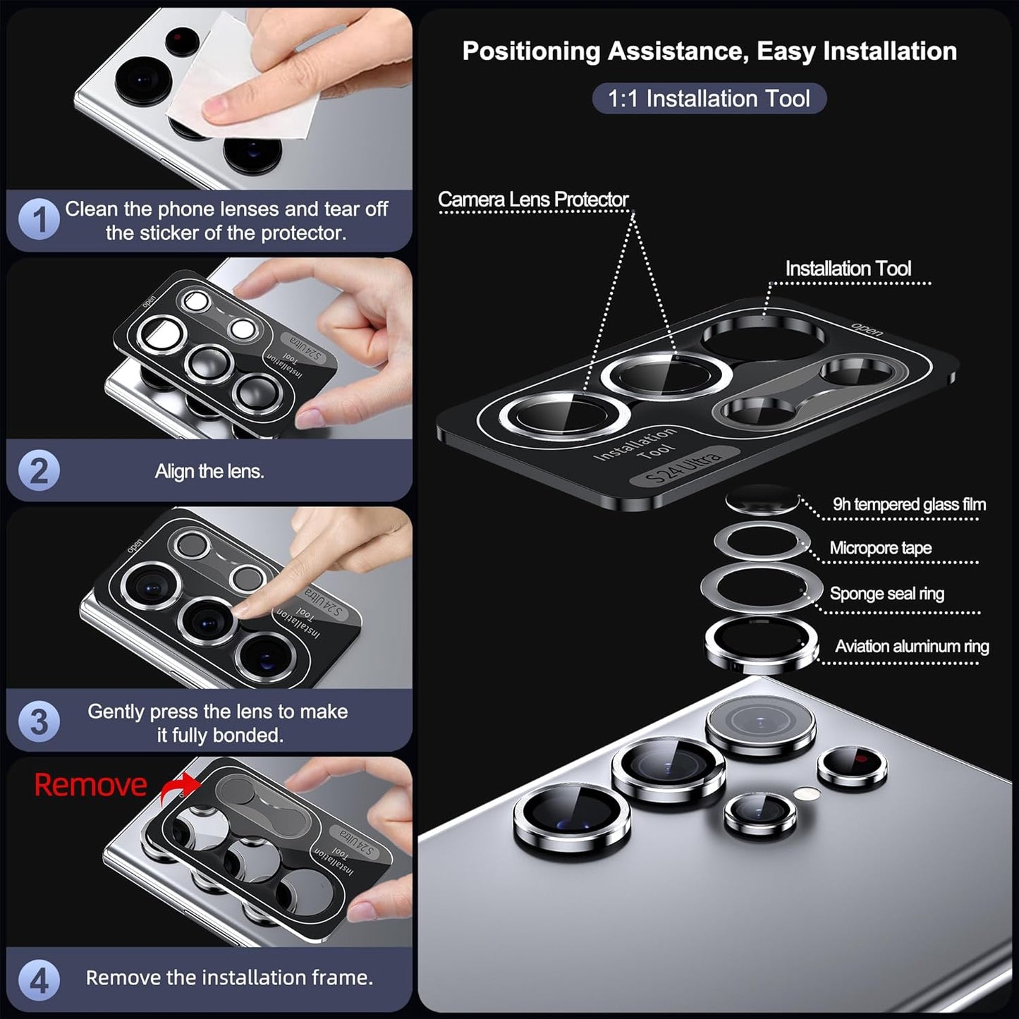 WSKEN for Samsung Galaxy S24 Ultra Camera Lens Protector, Ultra Thin Scratch Resistant 9H Tempered Glass with Aluminum Metal Circle Camera Screen Protector Cover Accessories, Silver