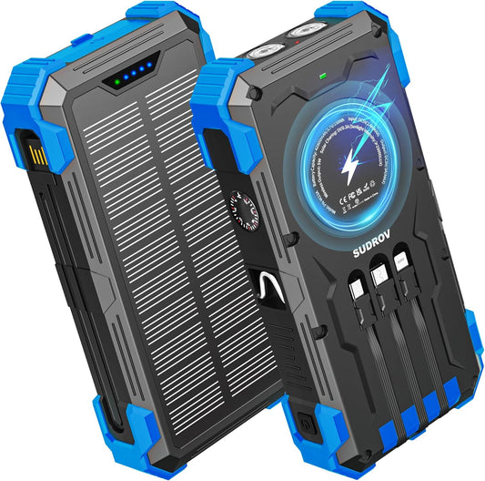 Solar Charger Power Bank, 42800mAh Wireless Portable Charger with USB-C in/Output, QC3.0 Fast Charging 15W 4 Ports Outdoor Battery Pack Built-in Dual Led Flashlights for iPhone Samsung etc