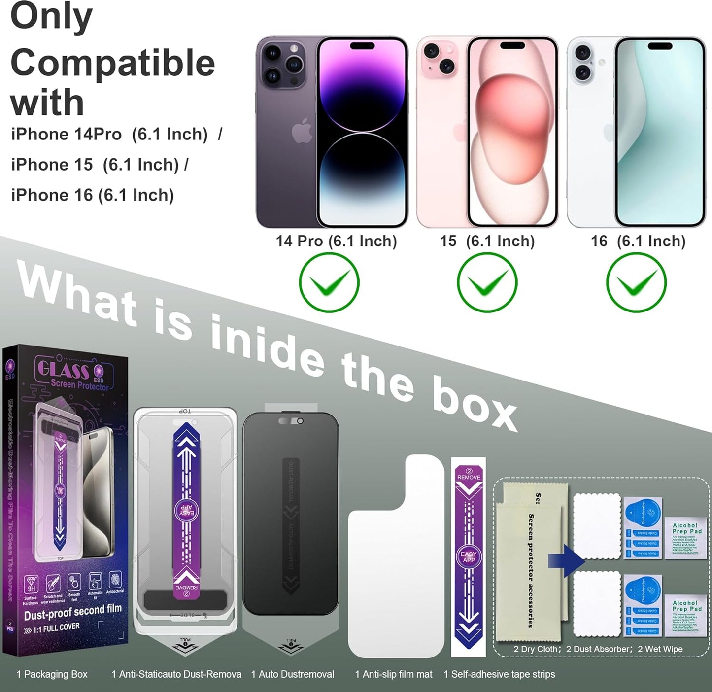 2 Pack Matte Privacy Screen Protector for iPhone 16/15/14 Pro 6.1-Inch Auto Dust Removal, No Bubbles, Anti-Spy Tempered Glass Film, Easy Installation