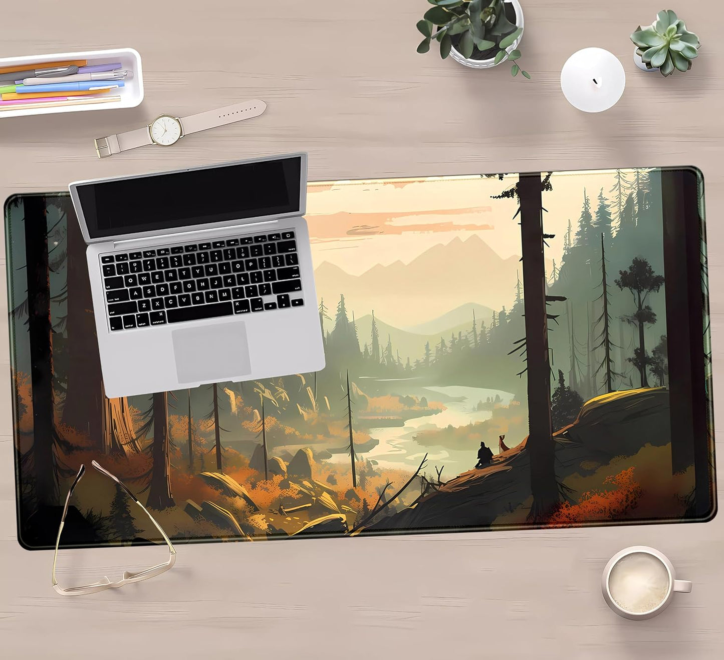 Desk Mat Gaming Desk Pad Valleys, Forest Mouse Pad XXL Extended Large Mouse and Keyboard Mat, Computer Desktop Mat with Non-Slip Base & Stitched Edges, Aesthetic Nature Desk Decor 31.5" x 15.7"