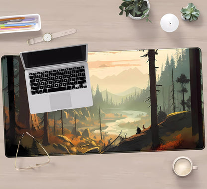 Desk Mat Gaming Desk Pad Valleys, Forest Mouse Pad XXL Extended Large Mouse and Keyboard Mat, Computer Desktop Mat with Non-Slip Base & Stitched Edges, Aesthetic Nature Desk Decor 31.5" x 15.7"