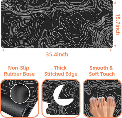 Mouse Pad Large Topographic Map Lines Non-Slip Game Desk Mat with Stitched Edge Laptop Keyboard Desk Pad for Work Home Gaming (35.4 x 15.7 Inches)