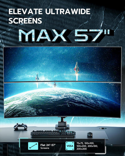 ARES WING Dual Monitor Mount, Adjustable Stacked Monitor Stand with USB A/C, Heavy Duty Gas Spring Monitor Desk Stand for 2 Monitors for 24-57 Inch Ultrawide Screen, 75/100/200 Vesa Mount, Black