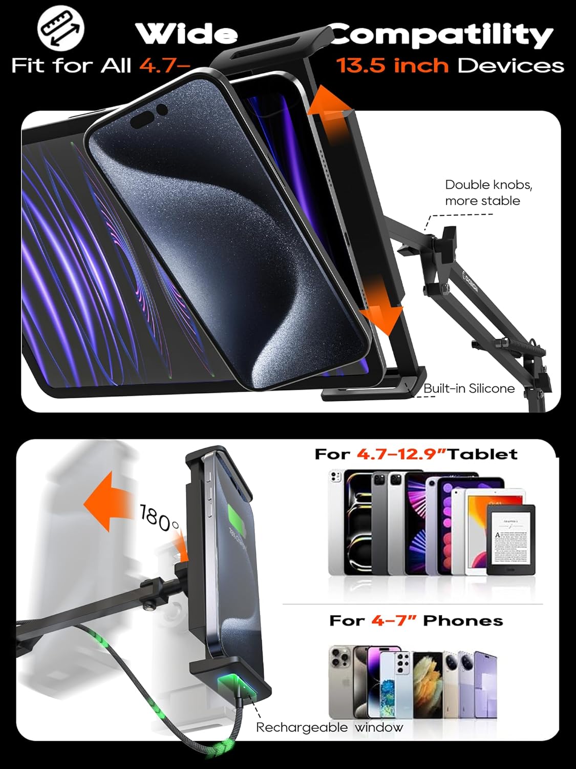 Tablet Stand, Tablet Mount Adjustable with Clamp for Round tube, Universal Flexible Tablet Holder with 360 Degree Rotation for iPad/iPhone/iPad Pro/N-Switch,or Other 4.5~13.5 Inches Devices (Black)