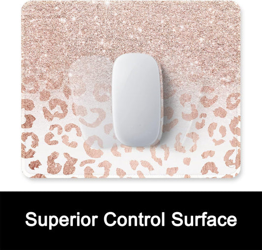 ITNRSIIET Mouse Pad with Stitched Edge Premium Textured Smooth Precise Operation Waterproof Washable Non-Slip Rubber Base Desktop Protection Mat, 10.2×8.3×0.12 inches, Rose Gold Leopard Print